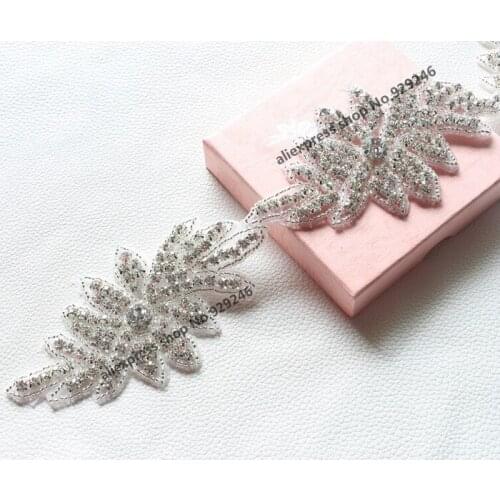 4pcs/lot fashion leaf clear crystal rhinestone applique strass chain trims for bridal wedding dress decoration shoes flower trim