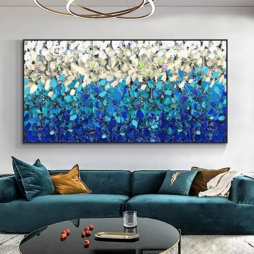 Abstract Blue Cream White 100% Hand Painted Oil Painting On Canvas Thick Palette Knife Painting Wall Art For Home Decor