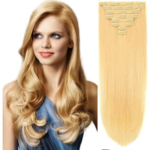 Ali-Beauty Clip in Human Hair Extensions Bleach Blonde #613 Remy Brazilian Human Hair Full Head Straight clip ins