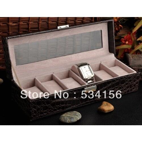 Free shipping brown Glass surface Professional luxury leather watch boxes, can fit into a 6 watches, watch box 8.5*31*10cm