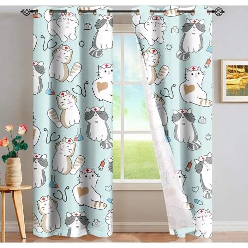 DARMIAN Cute Cartoon Nurse Cat Design Window Curtains for Kids Bedroom Decoration Thermal Insulated Blackout Grommet Drapes