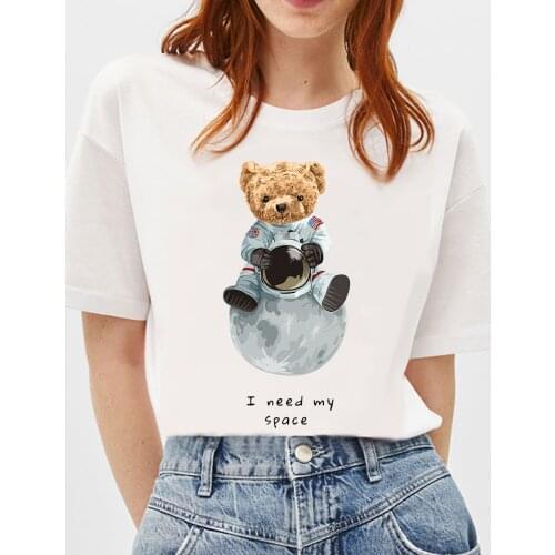 BLINGPAW Graphic T Shirts Teddy Bear I Need My Space Letter Print T-shirt Astronaut Moon Unisex Tees Summer Tee Shirts