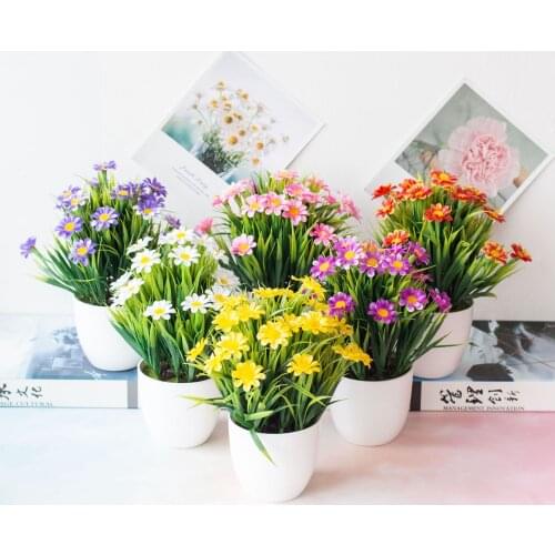 24x25cm Artificial Green Grass with Chrysanthemum Flower Potted Bonsai Home Chrismtas Halloween Party Decor Fake Flowers Plants