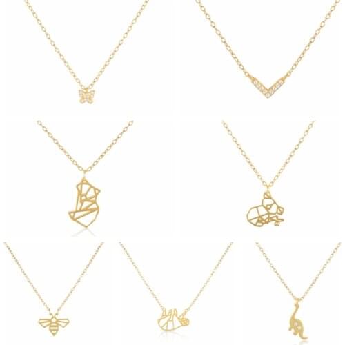 Canner 925 Sterling Silver CZ Crystal Necklace For Women V-shaped Fox Origami Bee Koala Necklaces Clavicle Choker Bijoux femme