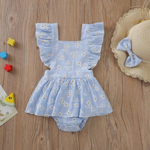 Daisy Print Romper For Infant Baby Girls 2Pcs Ruffle Flying Sleeve Bodysuit+ Hairband 0-24 Months Outwear Floral Jumpsuits