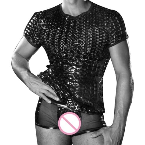 Faux Leather Men Lingerie Set Black Sexy Vinyl Erotic See Through Hole Undershirt Top Transparent Boxers Gay Underwear Set