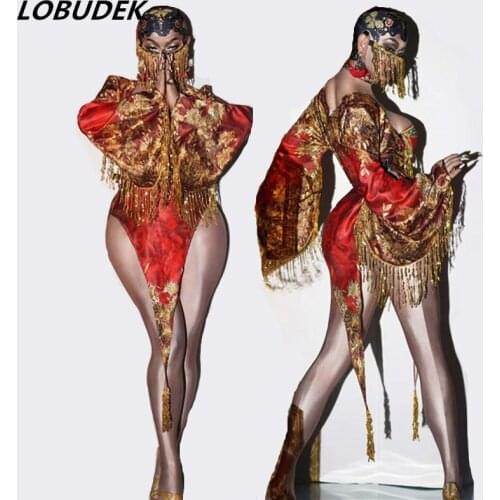 Chinese Style Male Female Dance Costume Bar Club Rave Party Performance Red Sequins Bodysuit Slit Dress Dance Outfit