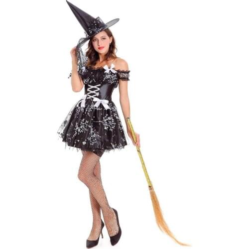 Halloween Fancy Fantasia Infant Witch Cosplay Costumes for Adutl Women Girls Black Lace Witch Costume for Girls Clothes C67K1008