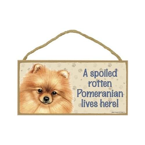 Meijiafei A spoiled rotten Pomeranian lives here wood sign plaque 5" x 10"