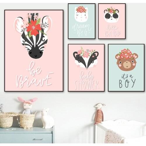 Cartoon Flower Animals Quotes Posters and Prints Nordic Rabbit Cat Fox Bear Panda Pictures Wall Art Canvas Painting Kids Room