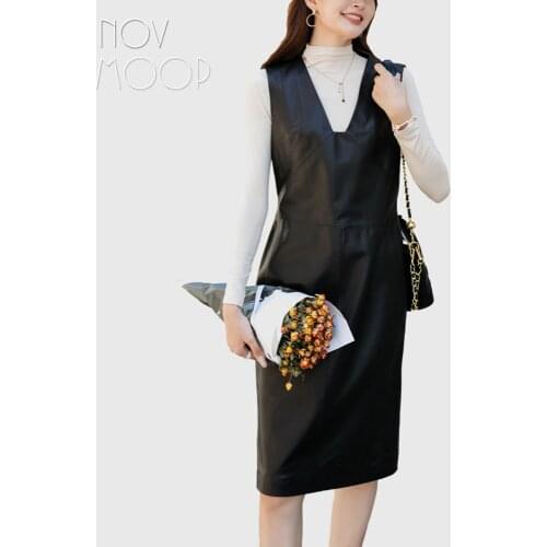 Novmoop genuine leather women dress elegant office lady daily wear knee length feminen Vestido de cuero LT3496