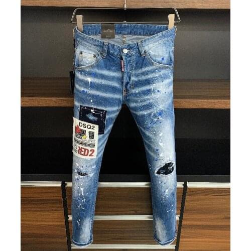 New Mens Skinny Jeans With Ripped Holes And elastic Paint Spray Blue Stitching Beggar Pants 9807