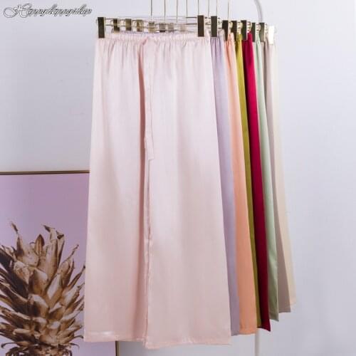 Pure Color Women Satin Wide Leg Pants Night Trousers Pajama Bottoms Home Pyjamas Summer Female Sleepwear S-XL