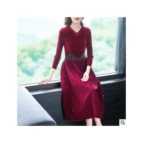HOT SELLING Miyake Fold patchwork v-neck long sleeve Pleated dress IN STOCK