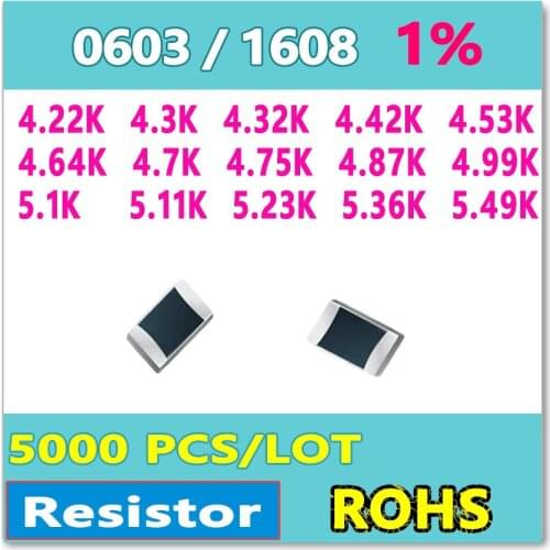 OHM 0603 F 1% 5000pcs 4.22K 4.3K 4.32K 4.42K 4.53K 4.64K 4.7K 4.75K 4.87K 4.99K 5.1K 5.11K 5.23K 5.36K 5.49K smd 1608 Resistor