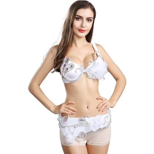 Luxury Stage Performance Women Dance Clothing Beading Oriental Belly Dance Costume Set 2 Pieces Bra Belt
