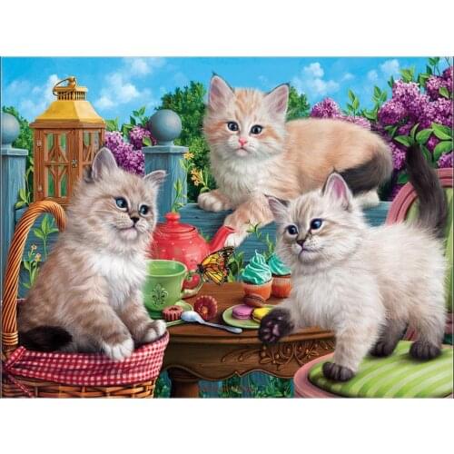 Counted Cross Stitch Kits Needlework Embrodery - Crafts 14 ct Aida Color DIY Arts Handmade Home Decor - Kitten Tea Party