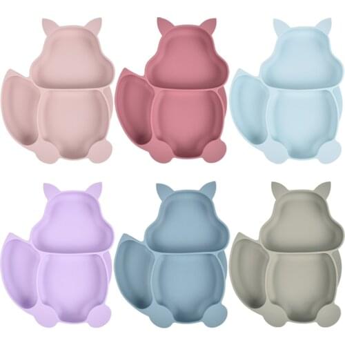 Silicone Baby Dining Plate With Sucker Squirrel Shape Dinnerware Toddler Feeding Lunch Tableware Portable Dinner Plates Bowls