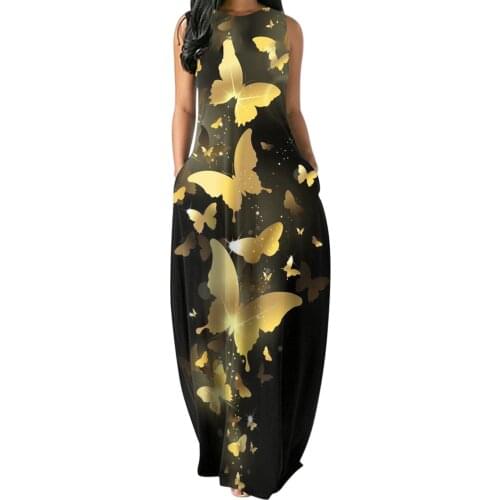 40# Butterfly Printed Maxi Dress Women Floral Printed Pullover Long Tank Dress O Neck Sleeveless Plus Size Robe Femme Vestidos