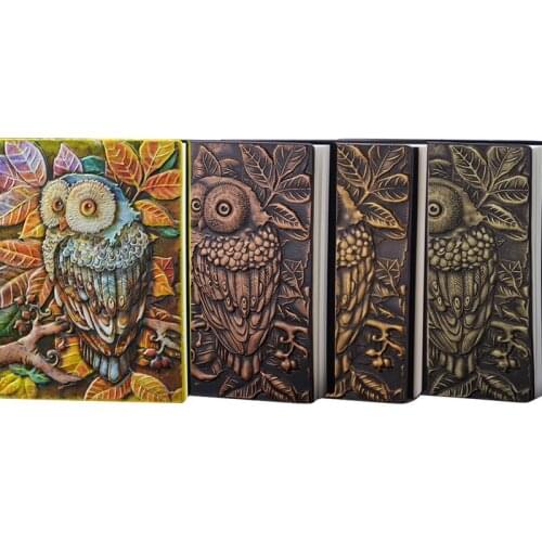 1PCS Vintage Thick Handmade Leather Carving Owl Bullet Notebook Journal Cute Sketchbook Paper Weekly Planner Accessories 01663