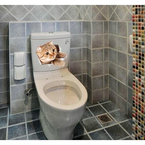 Cute Cat 3D Wall Sticker Hole View Bathroom Toilet Childrens Room Decoration Paper Refrigerator Waterproof Poster PVC Mural Art