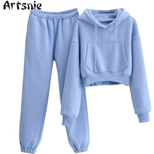 Artsnie Winter Fleece Tracksuit Women Two Piece Set Hoodies Cropped Sweatshirts And High Waist Pants Tracksuits Outfit Mujer