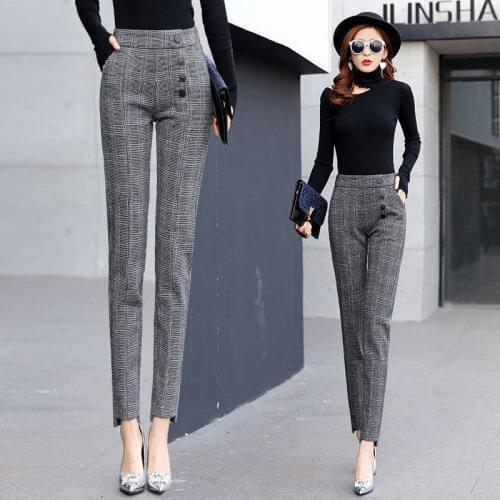 3xl Spring Summer Plaid Pants Women Korean Casual Pencil Pants Harem Pants Female Plus Size Buttons Korean Trousers Women