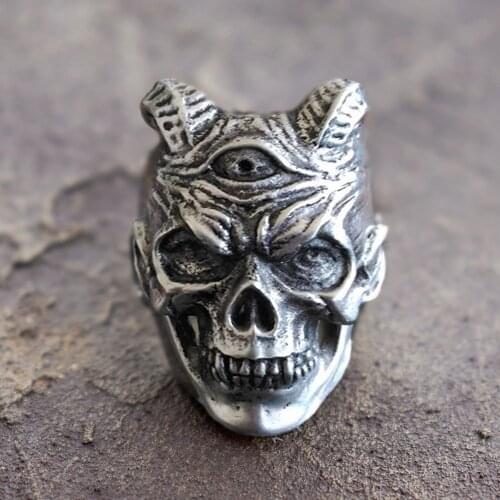 EYHIMD Plague Devil Skull Rings Mens Three Eyed Demon Stainless Steel Ring Punk Rock Biker Jewelry