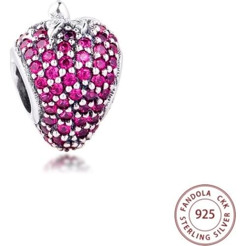 Fandola 925 Sterling Silver Pave Strawberry Charms Fits Europe Bracelets Charms Silver 925 Original Jewelry Making bijoux femme