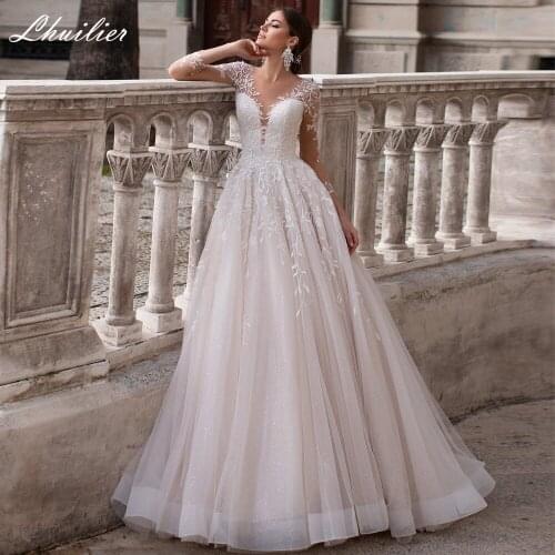 Lhuilier A-line Full Sleeves Tulle Wedding Dresses 2020 Scoop Neck Floor Length Lace Appliques V-Back Bridal Dress Court Train