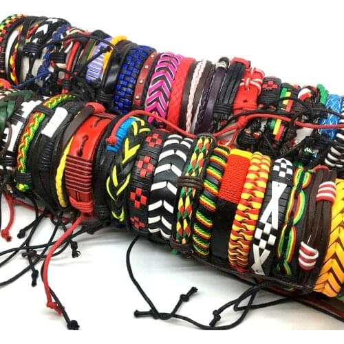 MixMax 20pcs Men Women Cuff Bracelets Handmade Black Brown Multicolored Leather Wristbands Fashion Jewelry Party Favor Resizable