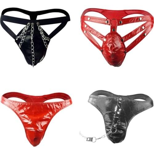 Mans Sexy Underwear Panties Wholesale Imitation Leather Strappy Chain Thong Male Latex Men Erotic Lingerie Porn For Sex Shop