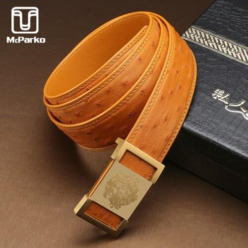 McParko Noble Ostrich Leather Belt Men Genuine Leather Belts Metal Lion Buckle Design Animal leather Waist Belt Yellow Blue