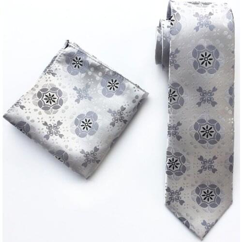 Wholesale Man Ties Set Silver Gray Floral Embroidered Necktie with Pocket Square
