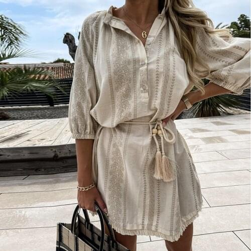Shyloli Women sexy v-neck sashes mini dress lantern sleeve print dress2021 new fashion sexy summer beach style holiday dress