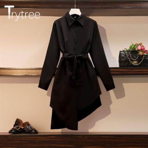 Trytree 2020 Spring Autumn Casual Dress Women O-neck Solid Turn-down Collar A-line Belt Fashion Irregular Loose Blouse Dress