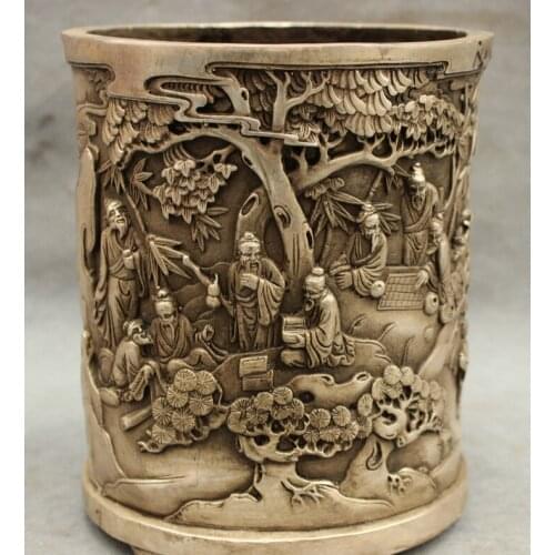 Song voge gem S2809 Chinese Folk Cultue Silver Old People Landscape Pencil Vase Pen Case Brush Pot