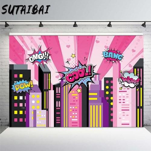 Pink Girl Superhero Backdrop Cityscape Building Photography Background Birthday Baby Shower Party Decoration Photo Booth Props
