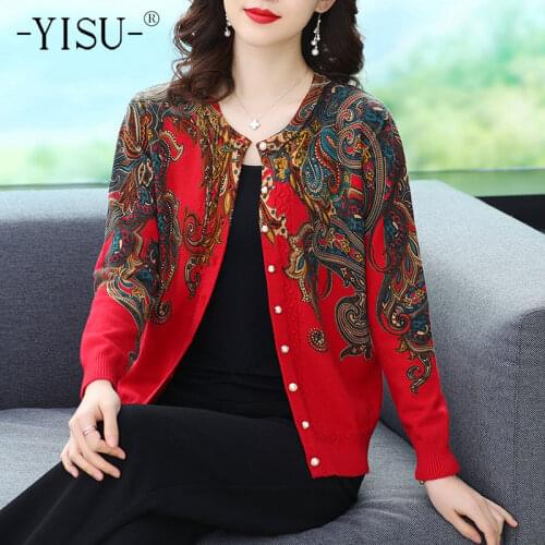 YISU Loose Women Cardigan Sweater Tops O-Neck Fashion printing Knitted Coat Cardigan Single Breasted Casual Jacket Sweater 2021