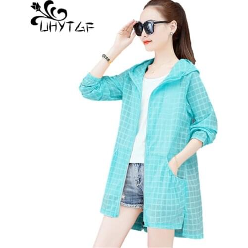 UHYTGF Summer Jacket Womens Long-Sleeved Hooded Thin Sun Protection Clothing Lattice Tops Outdoor Breathable Plus Size Coat 1323