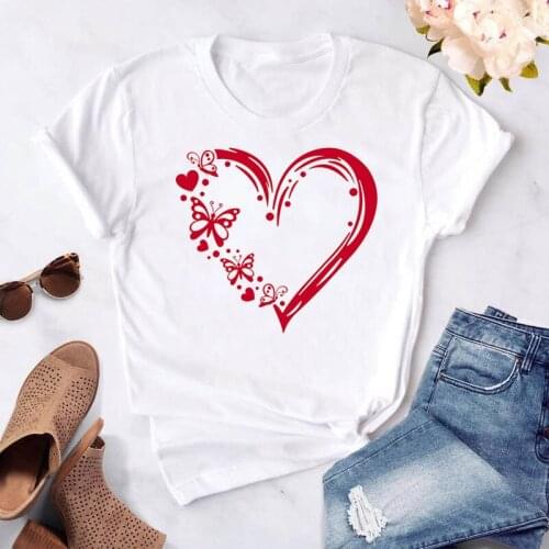Butterfly and Red Heart Print T Shirt Fashion Women T Shirt Female Short Sleeve Tops Ladies White Tee Shirts Woman Cute Tshirt