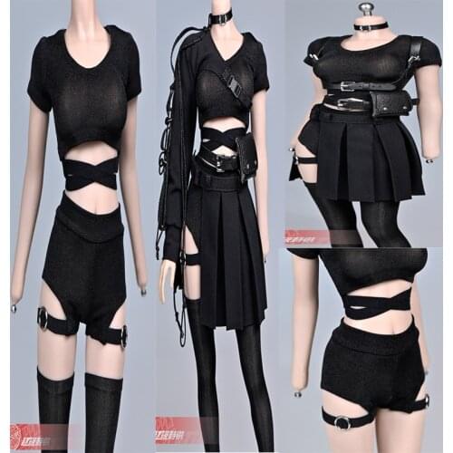 1/6 Scale female clothes Black tight short T shirt waist bag Thigh stockings skirt set for 12'' TBL PH figure