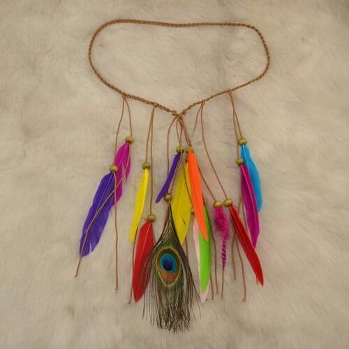 New Fashion Handmade Ethnic Tribal Gypsy Rope Wood Beads Colorful Feather Hairband Hair Clip Women Jewelry