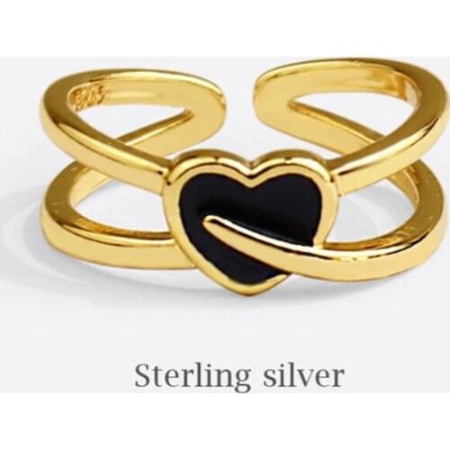 Sole Memory Black Cute Romantic Heart Double Layer 925 Sterling Silver Female Resizable Opening Rings SRI889