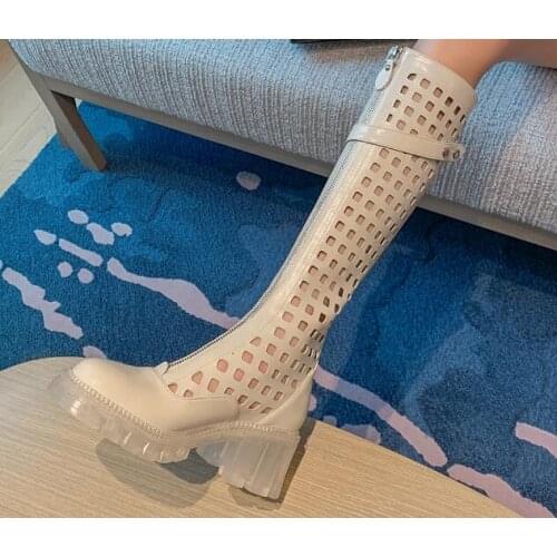 Drop Shipping Girls Black White Genuine Leather 6 cm Chunky Heels Knee High Boots Woman Round Toe Small Hole Cuts Out Long Boots