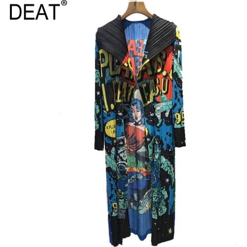 DEAT Pleated Woman Long Trench Coat Hitcolor Cartoon Letter High Street Lapel 2021 New Summer Fashion Plus Size Clothing HT764