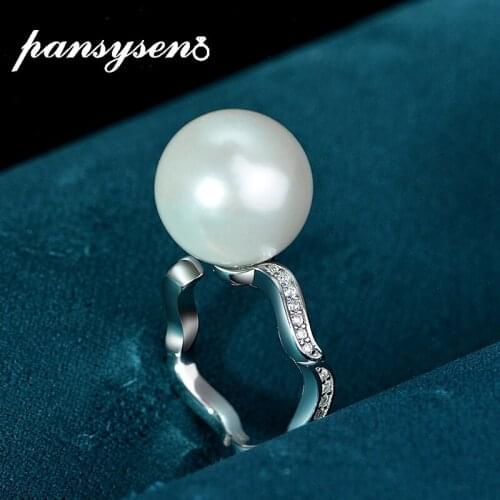 PANSYSEN Engagement Rings for Women Luxury 925 Sterling Silver 14MM Round Pearl Diamond Open Ring Wedding Bands Fine Jewelrty