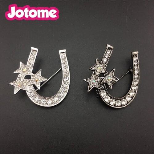 20pcs/lot Free Shipping Clear Crystal Lucky Star On Horseshoe Pin Brooch