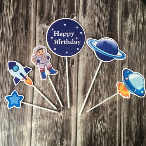 6pcs Cool Space Planet Astronaut Theme Rocket Paper Cupcake Cake Toppers Happy Birthday Baby Shower Party Decorations Supplies