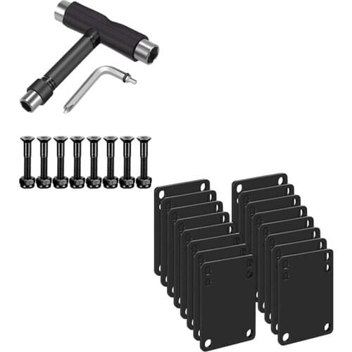 8Pcs Bolts Set and All-In-One Skate Tools T Accessory with 16Pcs 3mm Riser Shock Pads Soft Longboard Shock Rise Pads